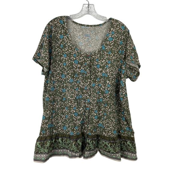 Only Necessities Floral Short Sleeve Button Front Blouse Size 1X Green Blue - Picture 1 of 6